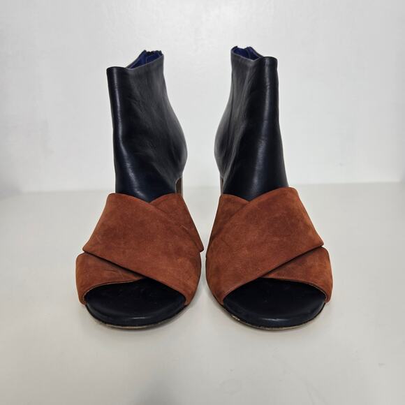 Vince Sample Open Toed Booties Navy Brown Stacked Heel Fall Italy Women 6M - Picture 3 of 10